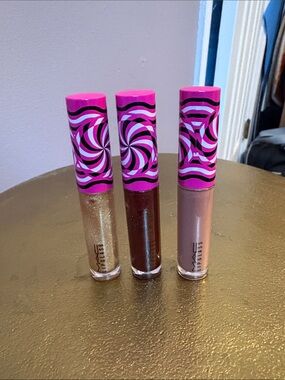 MAC Cosmetics Lipglass Set — Pink-Pattern Caps with Gold, Brown, Rose Glosses